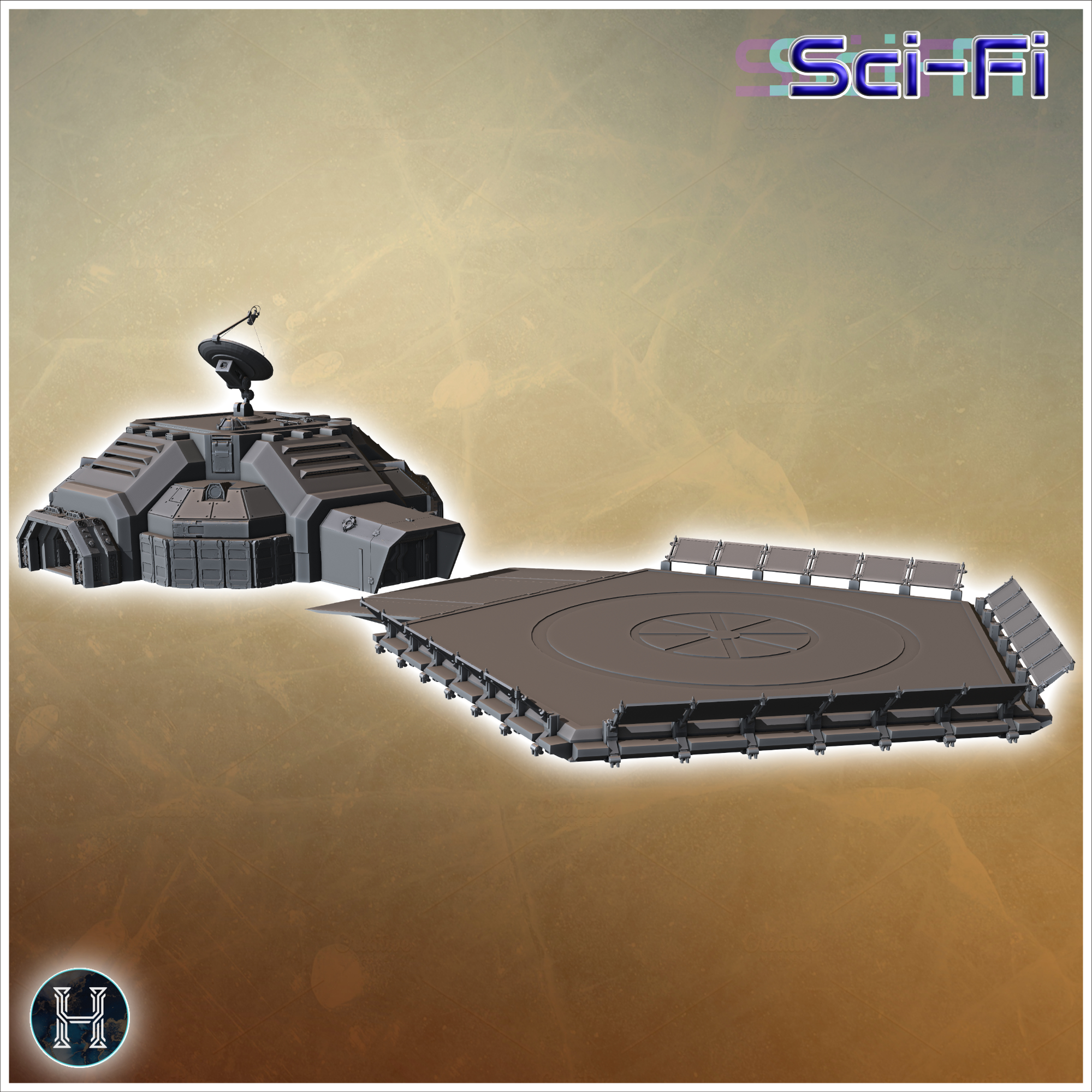 Command center with adjacent large helipad featuring technical equipment and communication arrays (5) - Future Sci-Fi SF Post apocalyptic Tabletop Scifi Wargaming Planetary exploration RPG Terrain